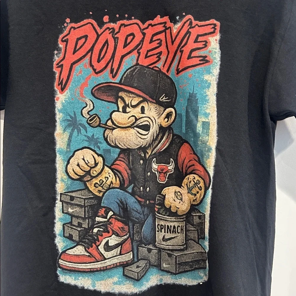 Popeye x Chicago Bulls NBA streetwear Graphic T-Shirt black unisex adult small - Picture 2 of 5